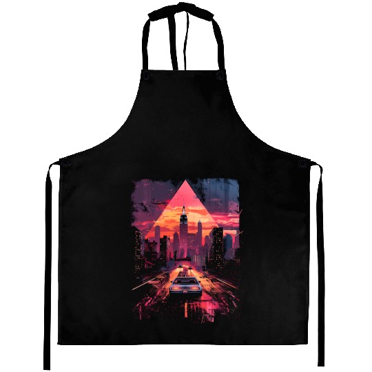 Vaporwave Retro Car City Synthwave 80s 90s Aprons