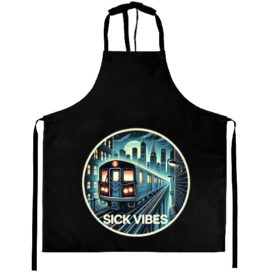 Retro Futuristic Subway Train - Neon Cyberpunk Cit Aprons
