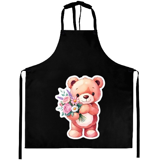 Teddy bear with bouquet of flowers Aprons