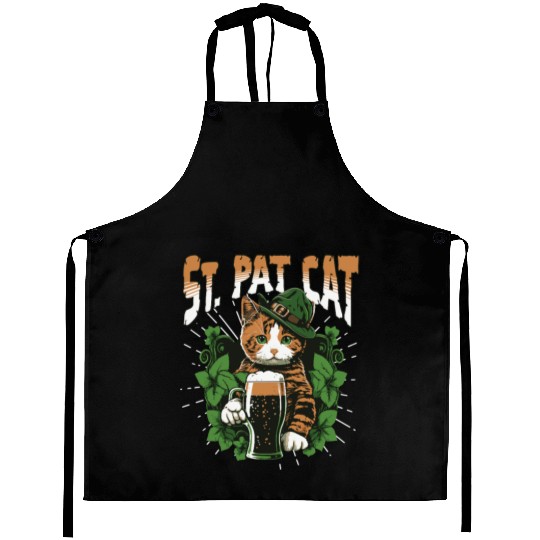 Funny St. Patricks Day Drinking Cat Aprons