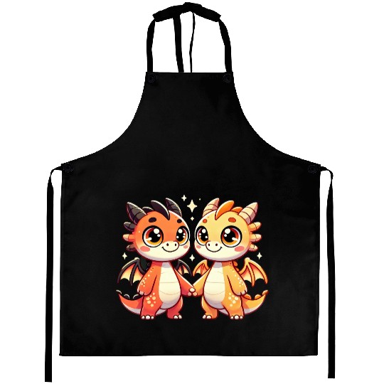 Two Cute Dragon Friends Holding Hands Aprons