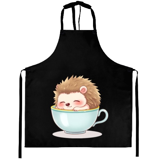 Cute hedgehog relaxing in a light blue cup Aprons