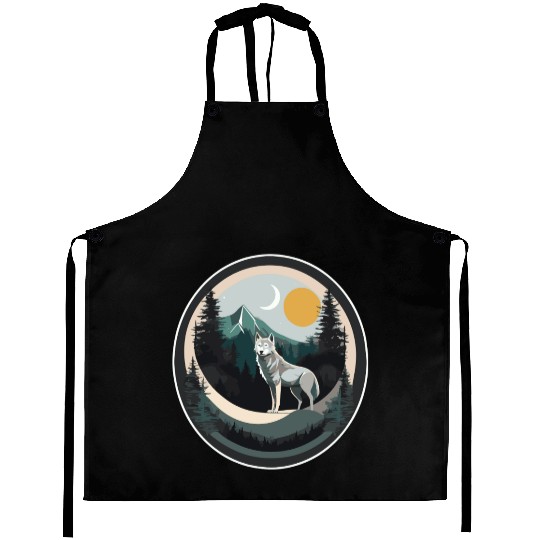 Lone Wolf Under Moonlit Sky Aprons