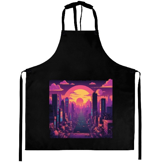 Cyberpunk Neon Cityscape Sunset Aprons