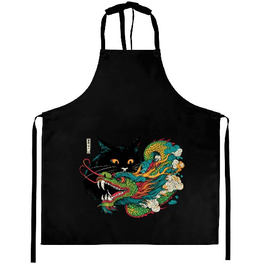 Ukiyo-e Black Cat Chinese Dragon Aprons