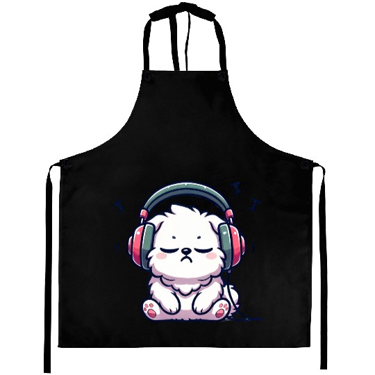 Chill Puppy with Headphones Illustration Aprons