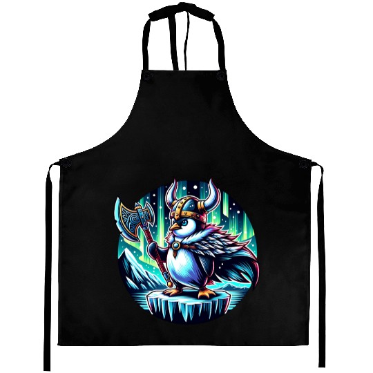Viking Penguin with Axe Under Northern Lights Aprons