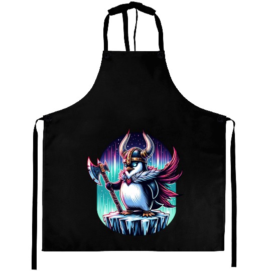 Viking Penguin Warrior Under Northern Lights Aprons