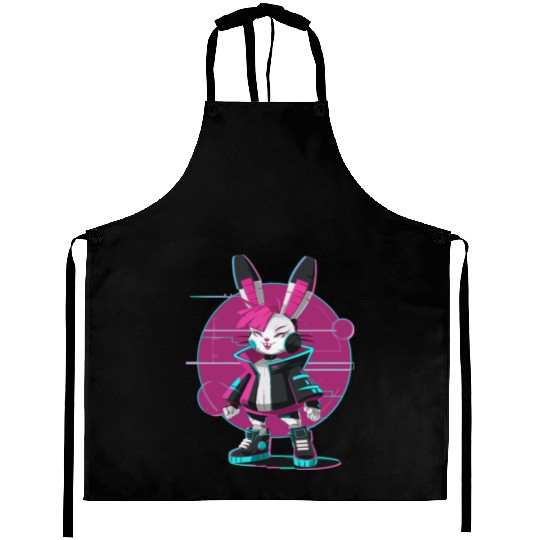 Cyber Bunny with Futuristic Style and Neon Colors Aprons