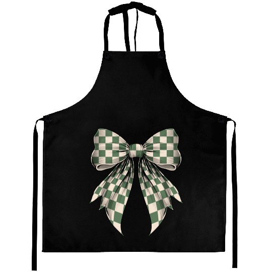 Coquette Bow Green Cream Classic Checkered Pattern Aprons