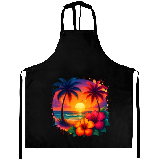 Tropical Sunset Palm Trees and Hibiscus Aprons