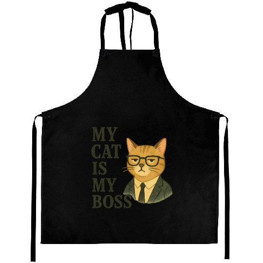 My Cat Is My Boss – Funny Cat in Suit Illustration Aprons