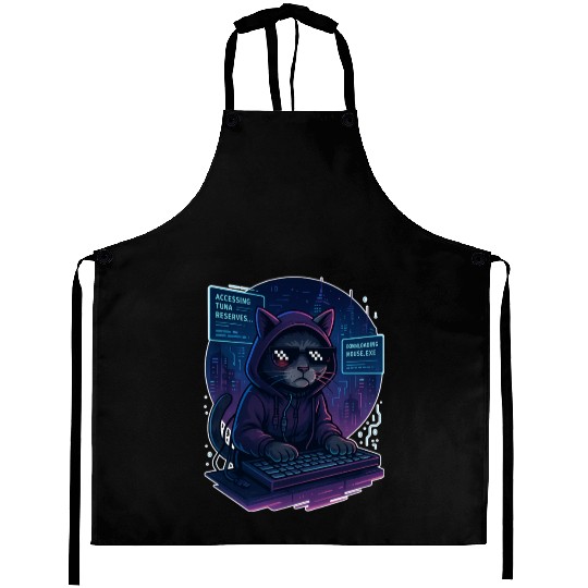 Cyberpunk Cat Hacker Aprons