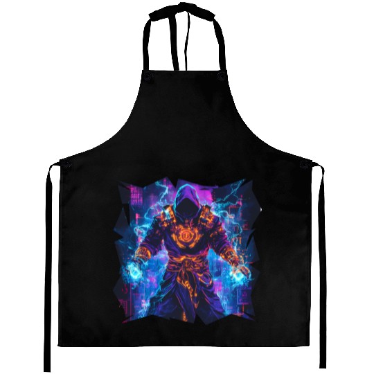 Bright Magician With Energy Aura In Neon Colors Aprons