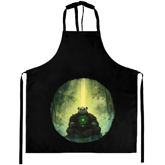 Meditating Panda Monk in a Glowing Bamboo Grove Aprons