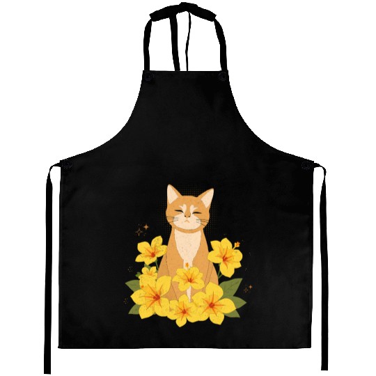 Orange Cat Surrounded by Yellow Hibiscus Flowers Aprons