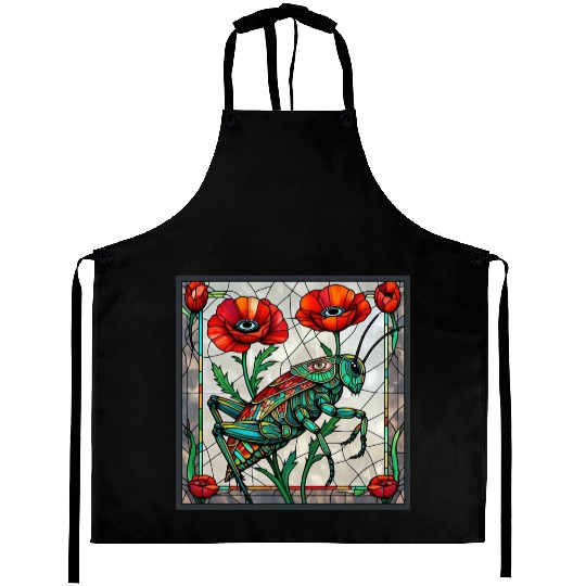 Grasshopper cricket stained glass poppy flower Aprons