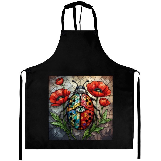 Ladybug stained glass vibrant poppy flower insect Aprons