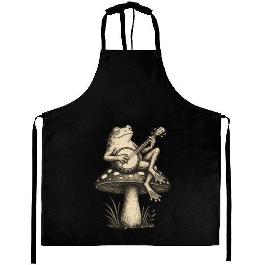 Folk Toadstool Jam | Banjo Frog Cottagecore Art Aprons