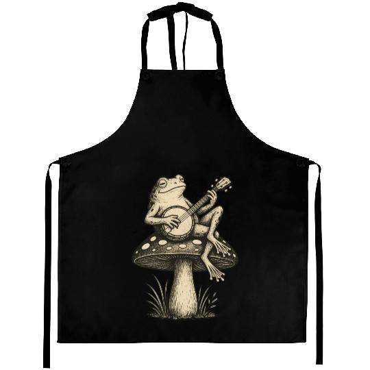 Folk Toadstool Jam | Banjo Frog Cottagecore Art Aprons