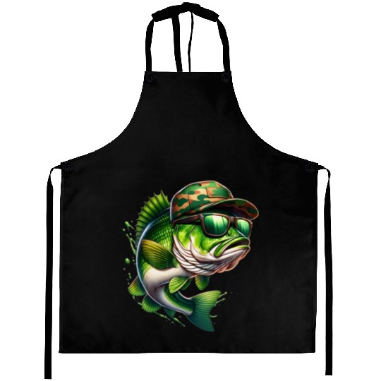 Camo Hat Bass Fish with Green Sunglasses Aprons