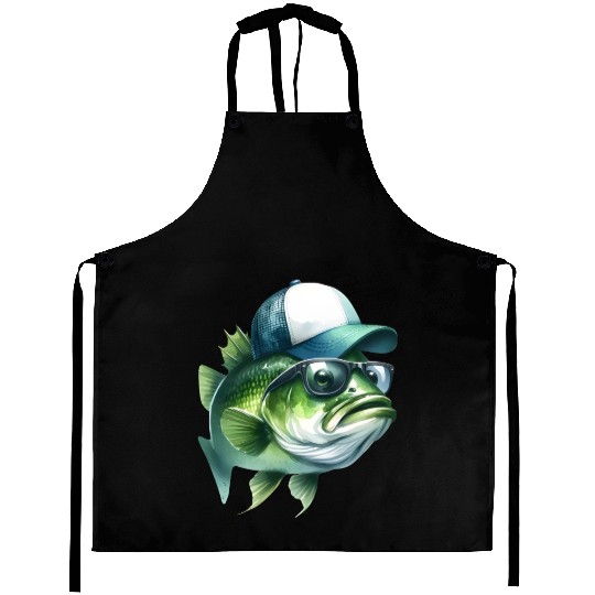 Cool Green Bass with Trucker Hat and Sunglasses Aprons