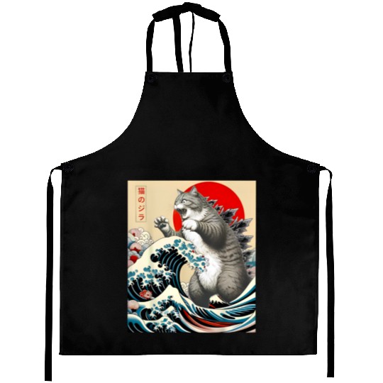 Catzilla Cat Japanese Art Funny Cat Aprons