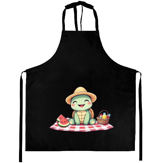 Whimsical Picnic Turtle Illustration Aprons