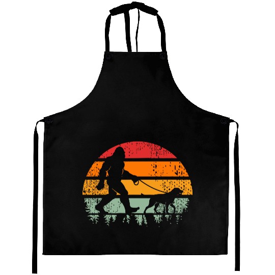 Bigfoot Running Dog Sunset Retro Aprons