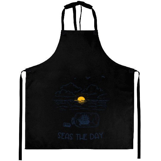 Seas the Day, Ship in a Bottle Ocean Line Art Aprons