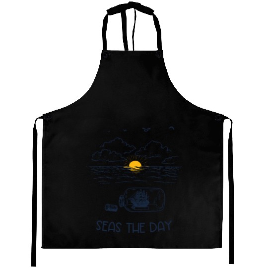 Seas the Day, Ship in a Bottle Ocean Line Art Aprons