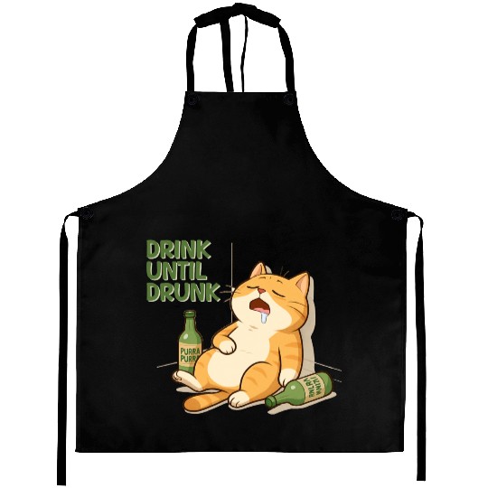 Humorous Cat Drinking Alcohol Meme Design Aprons