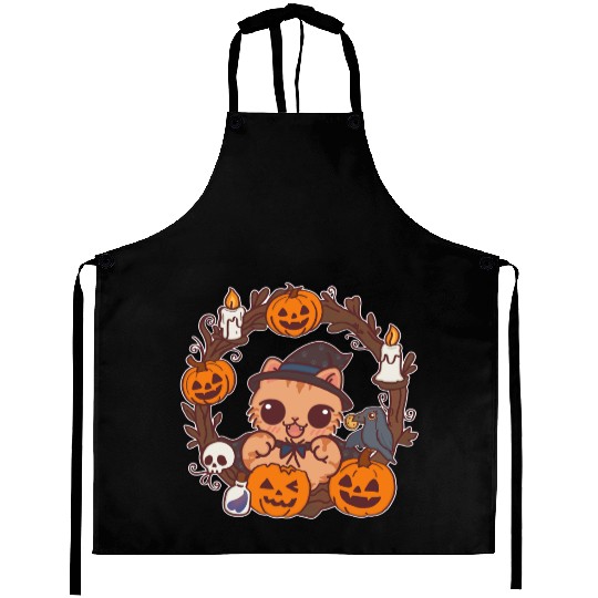 Whimsical Halloween Cat with Pumpkin Magic Aprons