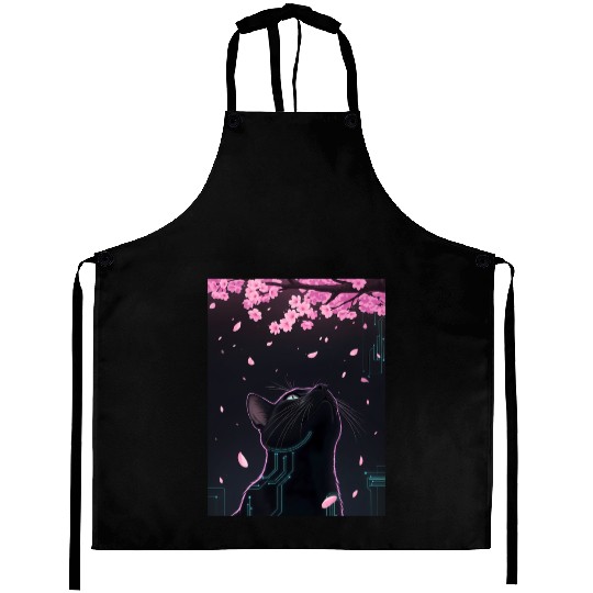 Cyber Cat Blossom Gaze | Noir Futuristic Feline Aprons