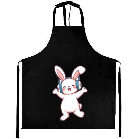 Joyful Bunny with Headphones Aprons