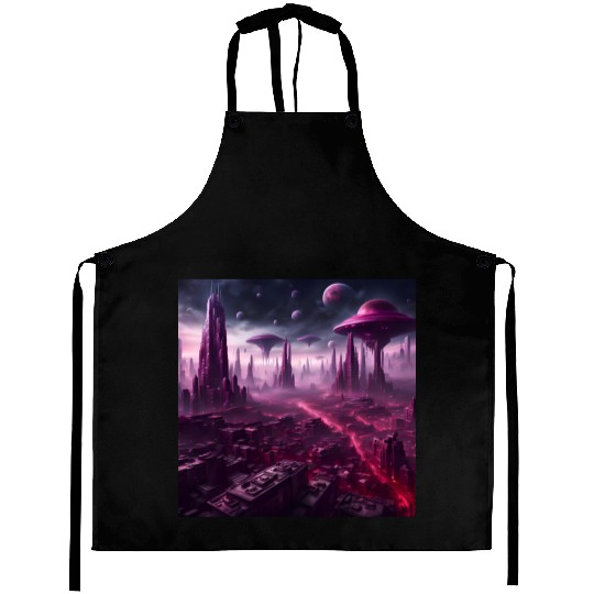 Sci-Fi Future World And Alien City in Neon Pink Aprons