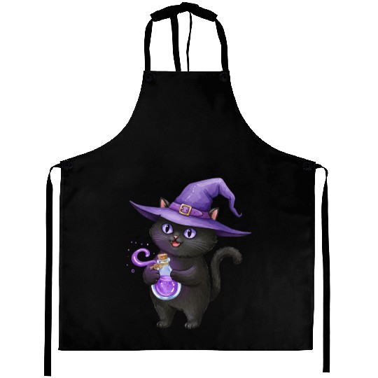 Enchanting Black Cat Witch Illustration Aprons