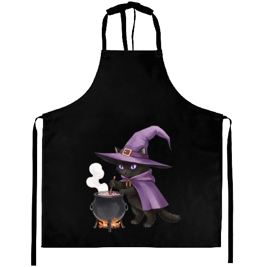 Enchanted Black Cat Witch Illustration Aprons
