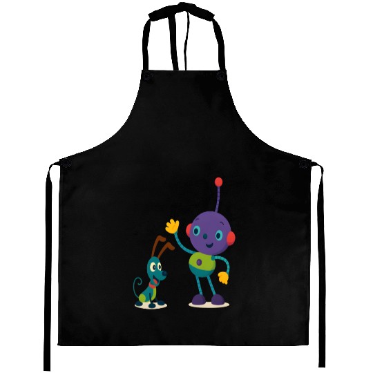 Colorful Robot and Dog Cartoon Design Aprons