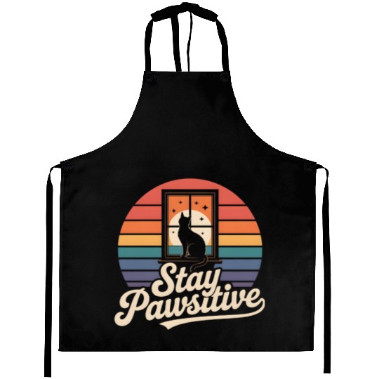 Stay Pawsitive Retro Cat Window Starry Night Aprons