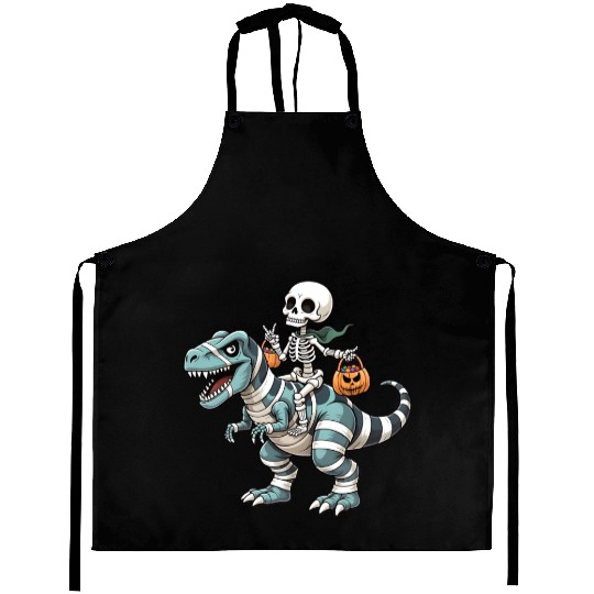 Skeleton Riding Mummy Dinosaur Funny Halloween Aprons