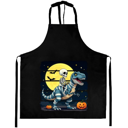 Skeleton Riding Mummy Dinosaur Funny Halloween Aprons