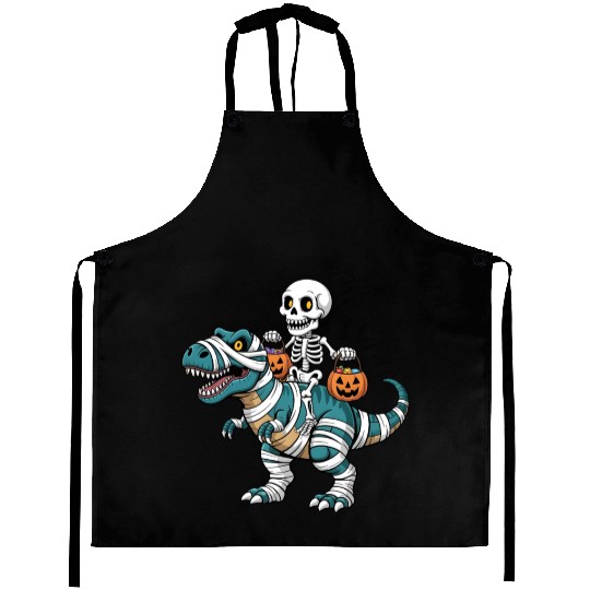 Skeleton Riding Mummy Dinosaur Funny Halloween Aprons