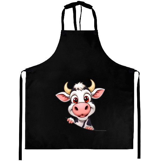 Cute Cow peeking cartoon illustration Aprons