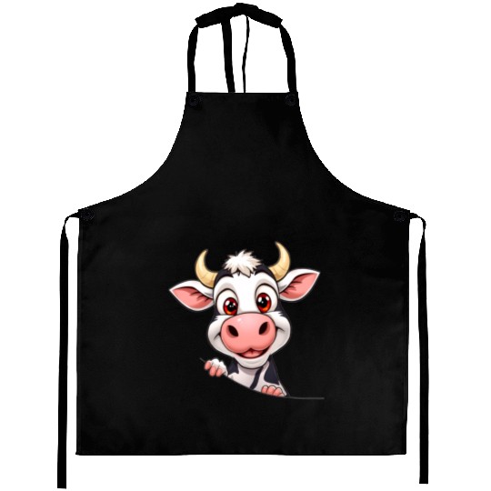 Cute Cow peeking cartoon illustration Aprons
