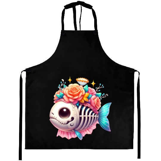 Whimsical Skull Fish with Floral Crown Aprons