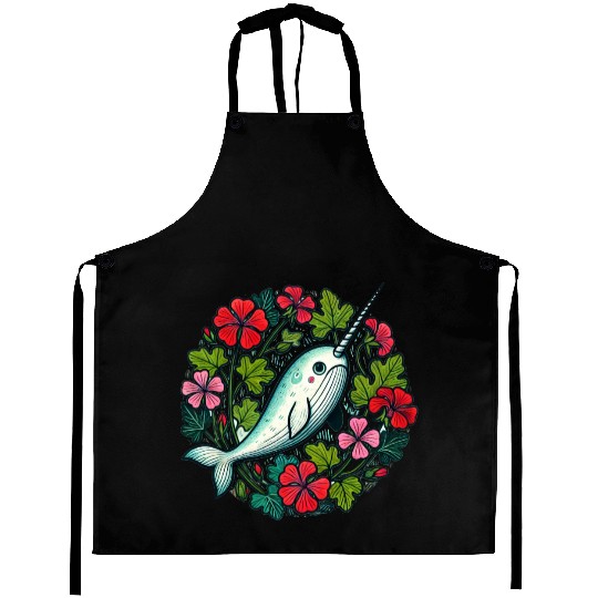 Whimsical Narwhal Amid Floral Bloom Aprons