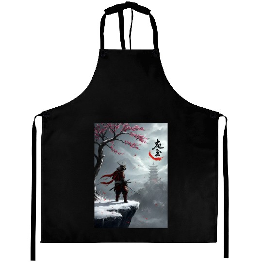 Samurai Warrior Under Cherry Blossom Tree Aprons