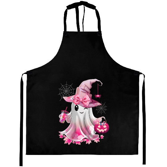 Cute Ghost Drinking Coffee Halloween Ice Coffee Aprons