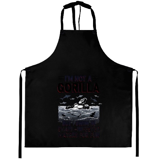 Gorilla vs Sharks Funny Swim Graphic Design Aprons